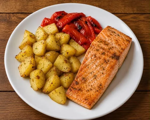 Oven Fish with Potatoes and Roasted Pepper